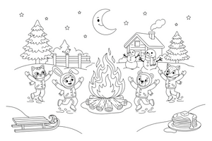 Children in funny masks dancing around a big bonfire in the snow – Pancake Day Winter Treat coloring page