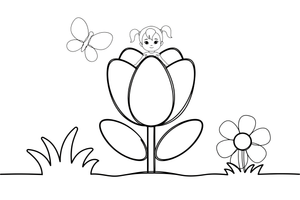 Thumbelina peeking out from the petals of a large tulip – Thumbelina Story coloring page
