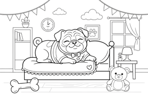 Pug napping on a soft pillow – Playful Pug Dog coloring page