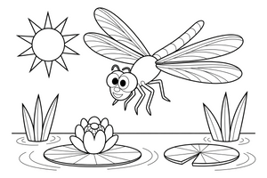 A dragonfly hovering above a lily pad with a flower – Insects & Bugs Insect coloring page