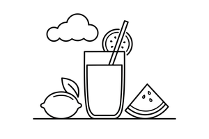 A tall glass of juice with a straw and a slice of fruit on the rim – Refreshing Drinks coloring page