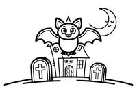 A bat over a spooky-but-friendly haunted house – Halloween Bat coloring page
