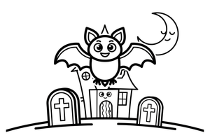 A bat over a spooky-but-friendly haunted house – Halloween Bat coloring page