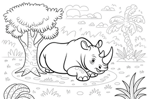 A rhino resting under a shady tree – Safari & Jungle Wild Animals coloring page