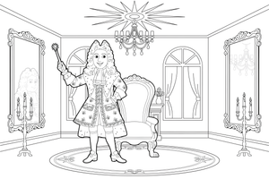 A grand king in a huge curly wig and royal robe in his fancy palace with mirrors (Louis XIV, the Sun King) – Historic People Around the World coloring page