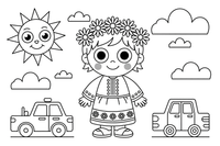 A child in a Lithuanian folk costume with an embroidered apron and a flower wreath – Cultures coloring page