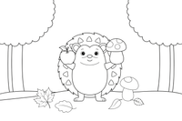 A hedgehog carrying a mushroom and an apple among autumn leaves – Hedgehog coloring page