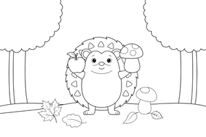 A hedgehog carrying a mushroom and an apple among autumn leaves – Hedgehog coloring page