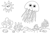 A jellyfish floating past a coral reef – Glowing Jellyfish coloring page