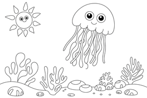 A jellyfish floating past a coral reef – Glowing Jellyfish coloring page