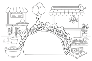 One big taco filled with lettuce and toppings, close up – World Food Delights coloring page