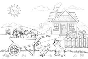 A wheelbarrow full of vegetables by the house – Farmhouse coloring page