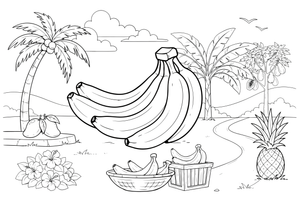 Bananas hanging in a big bunch on a banana tree – Tropical Fruits coloring page