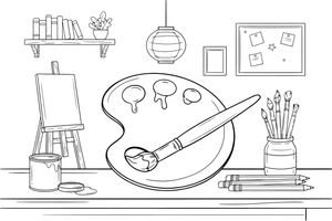 A palette with a paintbrush across it – Classic School & Art Supplies coloring page