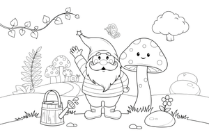 Gnome standing next to a spotted mushroom – Mushroom Garden coloring page
