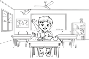 A child raising their hand at a desk – School coloring page