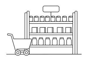 Tall shelves stacked with cans and boxes – Cozy Grocery Store coloring page