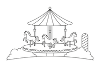A merry-go-round with horses going up and down under a striped roof – Thrilling Amusement Park coloring page