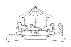 A merry-go-round with horses going up and down under a striped roof – Thrilling Amusement Park coloring page
