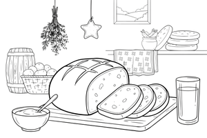 A round loaf of dark rye bread with a few slices cut beside it – Traditional Lithuanian Food coloring page