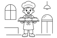 Friendly baker in an apron and hat holding a tray of bread – Classic Bakery & Bread coloring page