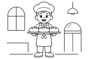 Friendly baker in an apron and hat holding a tray of bread – Classic Bakery & Bread coloring page