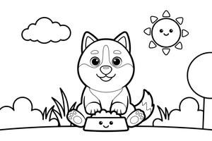 Husky with a food bowl – Husky Dog Playtime coloring page