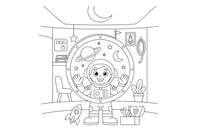 An astronaut looking out of a round spaceship window at the stars and planets – Astronaut Explorer coloring page