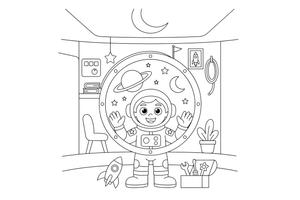 An astronaut looking out of a round spaceship window at the stars and planets – Astronaut Explorer coloring page