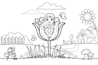 Thumbelina peeking out from the petals of a large tulip – Thumbelina Story coloring page