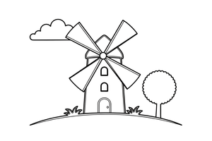 A tall windmill with a little door and windows – Windmill coloring page