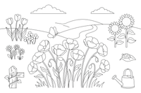 A field of poppies swaying in the wind – Wildflowers coloring page