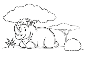 A rhino resting under a shady tree – Safari & Jungle Wild Animals coloring page