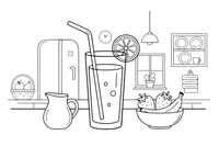 A tall glass of juice with a straw and a slice of fruit on the rim – Refreshing Drinks coloring page