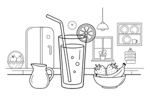 A tall glass of juice with a straw and a slice of fruit on the rim – Refreshing Drinks coloring page