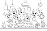 A family baking Christmas cookies together in the kitchen – Christmas Winter Festivities coloring page