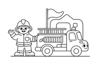 A firefighter next to a fire truck – Busy Job Workers coloring page