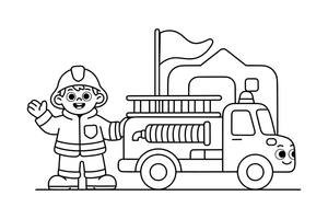 A firefighter next to a fire truck – Busy Job Workers coloring page