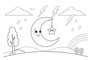 A crescent moon with a little star hanging from it – Stormy Sky & Weather coloring page
