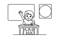 A child raising their hand at a desk – School coloring page