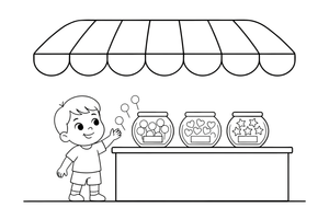 A child choosing candy from big jars at the sweet shop – Candy & Chocolate Sweets coloring page