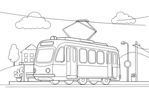 A tram stopping at a tram stop – Rail Rail coloring page