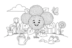 A hydrangea bush with big round blooms – Popular Flowers coloring page