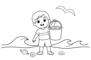A child collecting shells on the beach, holding a bucket – Sunny Beach & Seaside coloring page