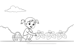 Girl picking strawberries in a garden – Juicy Berries coloring page