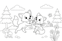 Two fox cubs playing together – Fox in the Wild coloring page