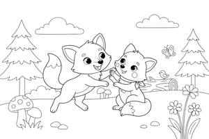 Two fox cubs playing together – Fox in the Wild coloring page