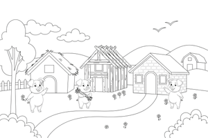 The three houses side by side: straw, sticks and brick – The Three Little Pigs Story coloring page