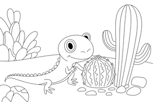 A little lizard basking beside a cactus – Reptiles & Amphibians coloring page