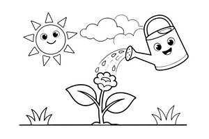 A plant in the sun being watered by a watering can – Complete Plant Life Cycle coloring page